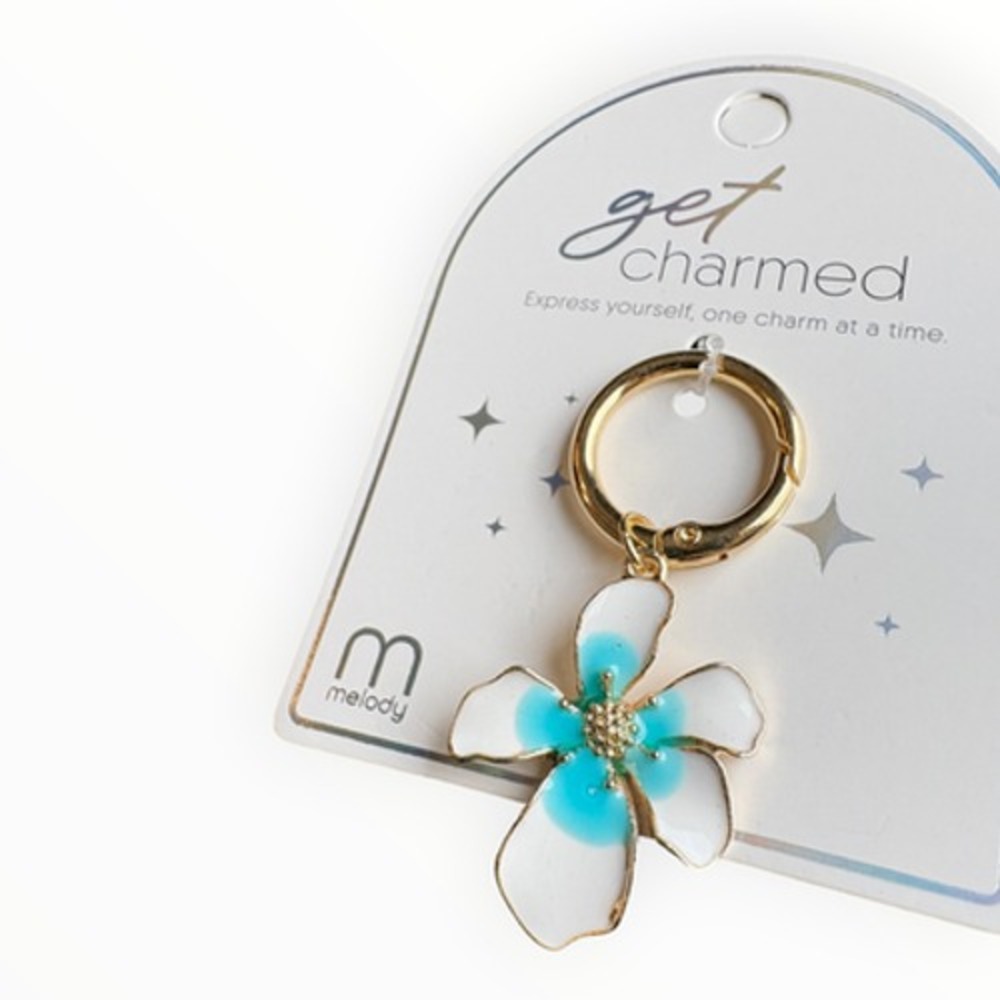 melody Charm Key Chain Women's White Blue Gold 2.5" Floral Enamel Clip